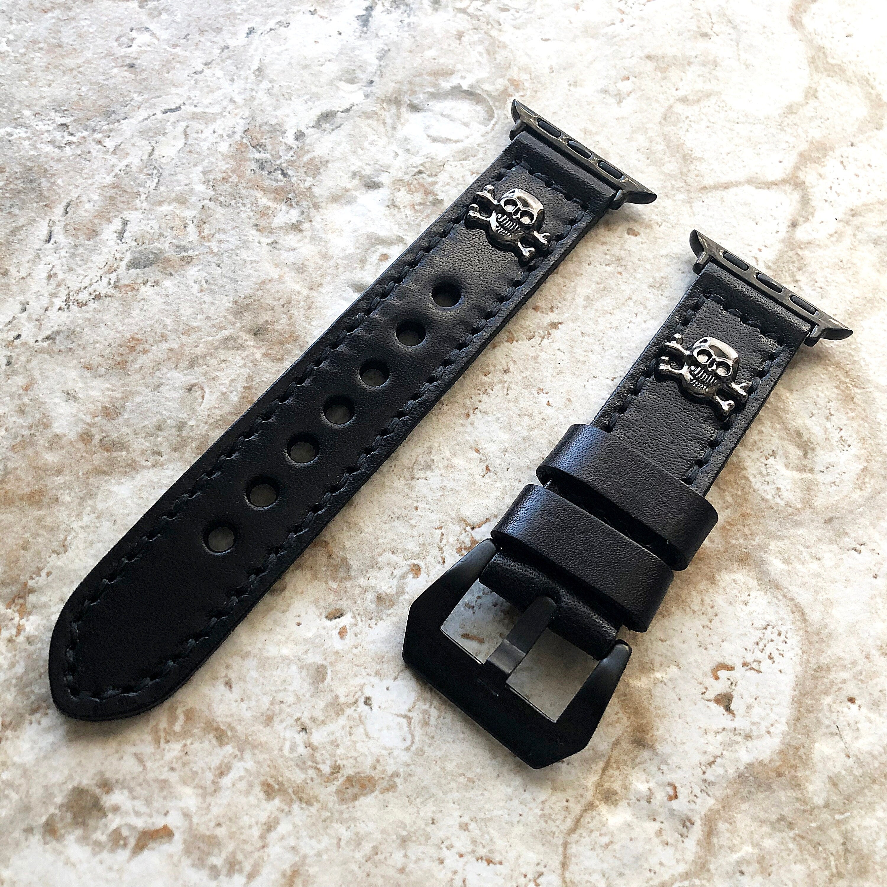 Apple Watch Band Black Leather Metal Rivets Skull Crossbones for Ultra 2 and 9 8 Series iWatch 41mm 45mm 49mm Handmade Bracelet Strap BL